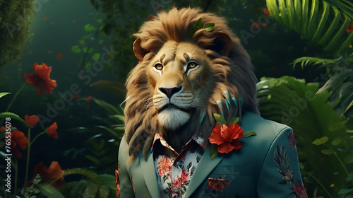 An artistically-rendered depiction of a dapper lion wearing fashionable spectacles  standing tall and proud in a lush jungle setting  showcasing its fashionable flair amidst the verdant foliage