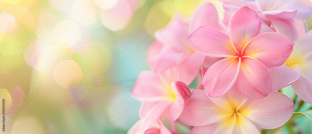 Tropical Pink Frangipani Flower Lei Garland Close Up. Traditional Hawaiian Symbol For First May Festival. Lei Day Celebration In Hawaii Background