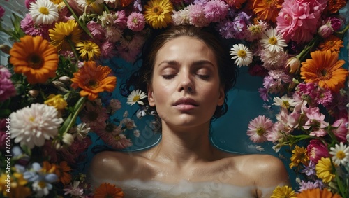 beautiful girl in a bath with flowers. Spa, healthcare.
