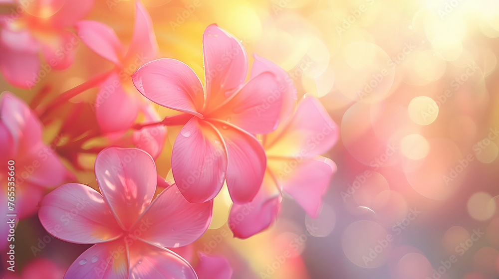 Fototapeta premium Pink Plumeria Banner, Tropical Flower Frangipani Lei Garland Close Up. Traditional Hawaiian Symbol. Lei Day In Hawaii