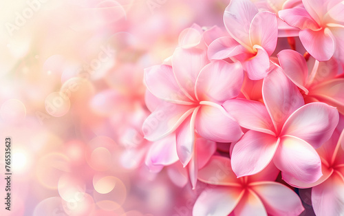 Pink Plumeria Tropic Flower And Foliage On Lei Day In May In Hawaii, Booming Pink Spa Flowers With Green Leaves, Blurred Bokeh Background