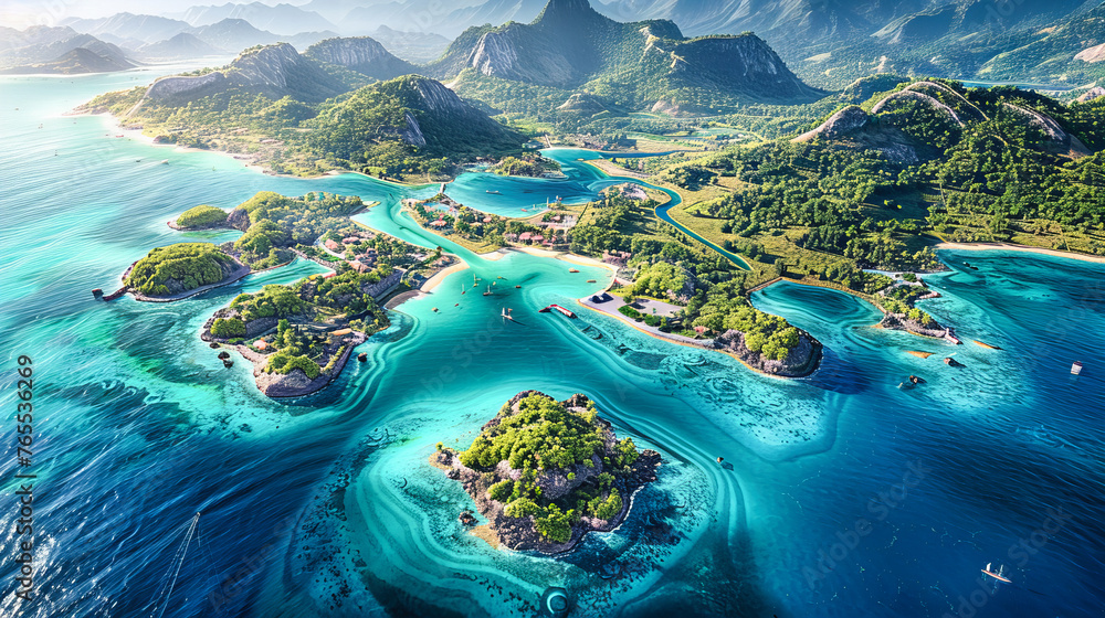 Aerial view of a tropical island coastline, capturing the pristine beauty and tranquil waters of a secluded paradise - obrazy, fototapety, plakaty 