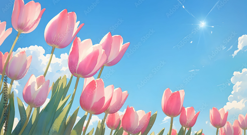 Pink lotus flowers and tulips bloom in the garden, surrounded by the beauty of spring nature