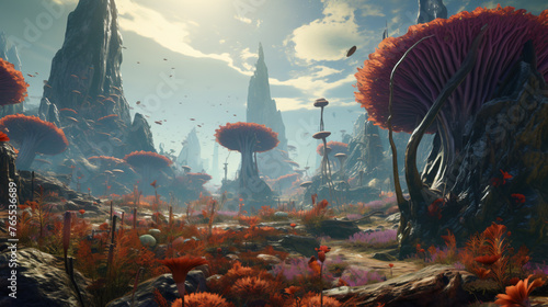 An alien planet with strange plants and creatures. photo