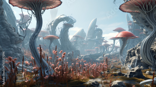 An alien planet with strange plants and creatures. © Little