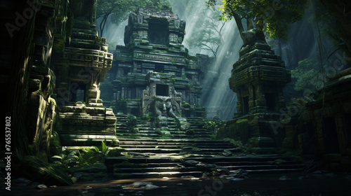 An ancient temple hidden deep within a jungle guarded