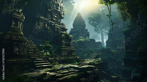 An ancient temple hidden deep within a jungle guarded photo