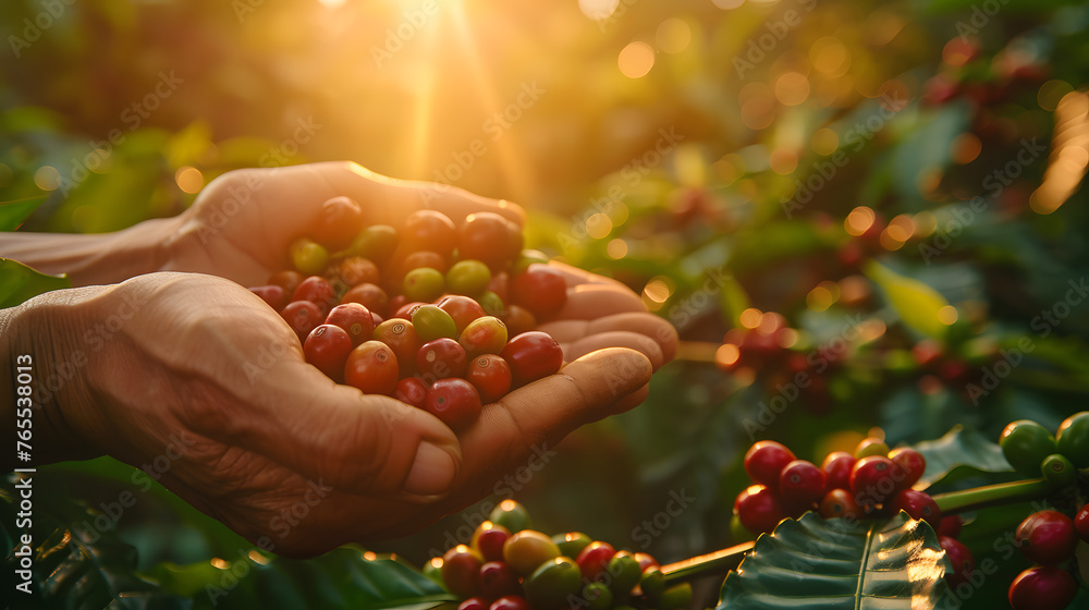 Farmer harvesting ripe coffee cherries by hand. Sustainable agriculture and fair trade farming concept for design and print - obrazy, fototapety, plakaty 