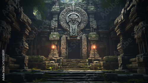 An ancient temple with intricate carvings and mysterio photo