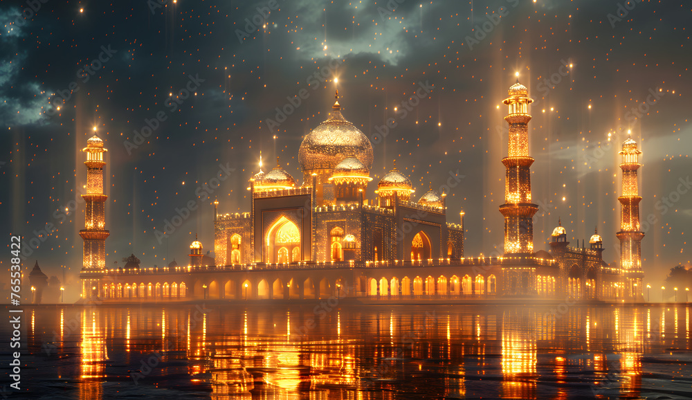 A mosque is illuminated at night, creating a beautiful reflection in the water