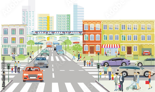 Stadtsilhouette einer Stadt mit Verkehr  und Personen, illustration