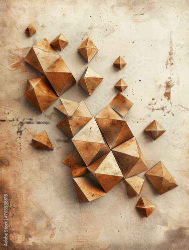 Geometric bronze tetrahedrons artfully arranged on a textured beige backdrop.