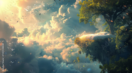 A surreal floating island with a plush bed and lush trees  bathed in the golden light of the setting sun.