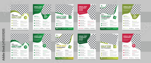 Golf Tournament Flyer Layout Template Design Bundle. Golf tournament poster template with a golf club and ball. Event Poster, Flyer, Brochure Cover, Banner vector template design.