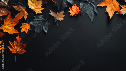 Autumn leaves on black color background minimal concep