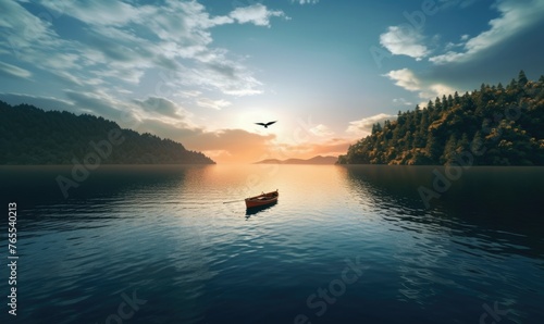 Small wooden boat on the surface in the middle of the beautiful lake in amazing landscape