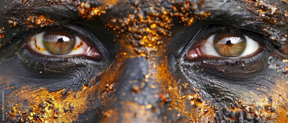  A close-up photo of a person's eye with gold specks covering their face