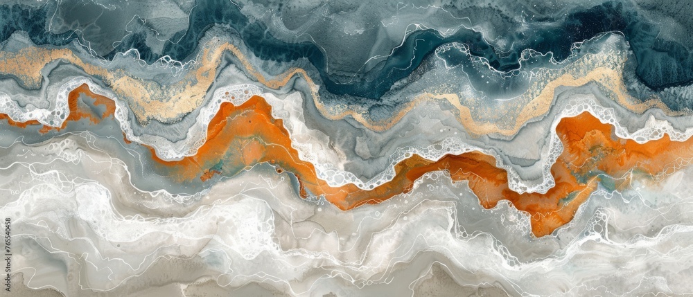 An abstract depiction of waves and oranges on a white-blue canvas, featuring a golden-orange band at wave's base An abstract depiction of waves and oranges on a white-blue canvas, featuring a golden-orange band at wave's base
