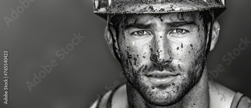  Man in firefighter gear, dirty face in B&W photo