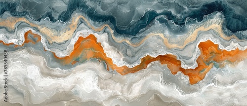  An abstract depiction of waves and oranges on a white-blue canvas, featuring a golden-orange band at wave's base