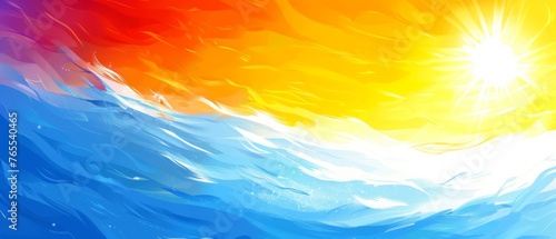  A rainbow-colored wave painting features a sun at its center, with another sun positioned within the wave