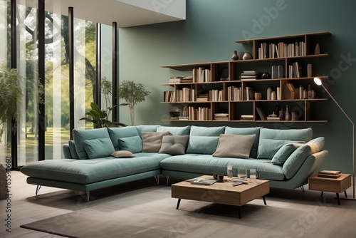 Modern interior design aqua sofa color gray book shelf lite brown floor © Paworn