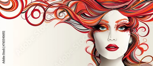  A woman's face, with swirling colors of red and orange on her head Her hair streams in the wind behind her