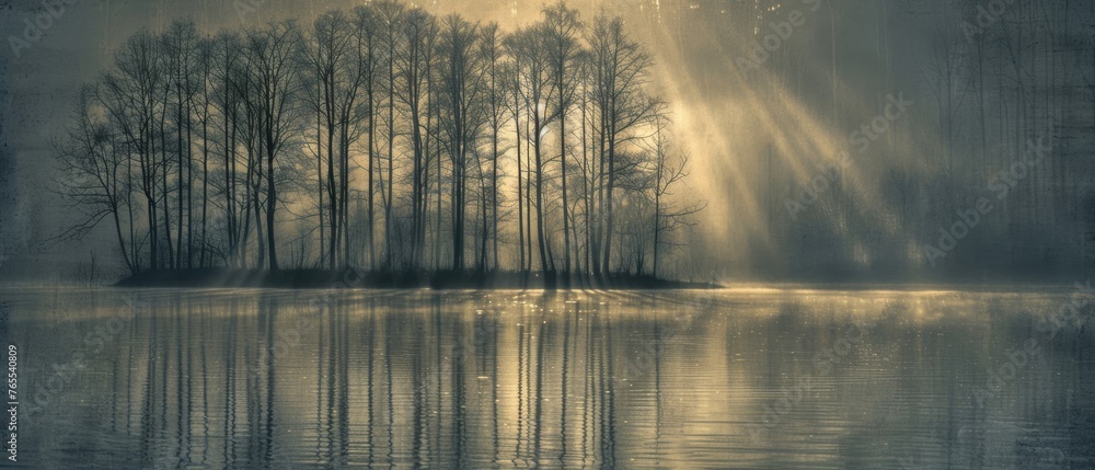 An expansive lake surrounded by woodland, illuminated by a ray of sunshine on a hazy morning An expansive lake surrounded by woodland, illuminated by a ray of sunshine on a hazy morning