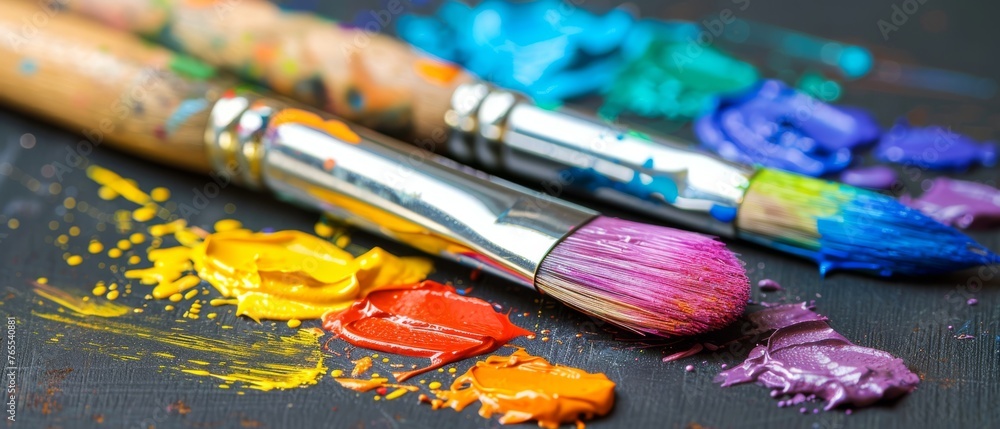 Fototapeta premium A set of paintbrushes rests atop a table, accompanied by vibrant paint smears