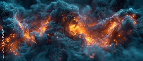  A close-up picture of blue and yellow flames with orange and yellow smoke emerging from them
