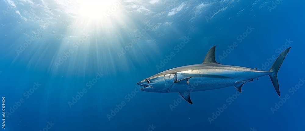 A Great White Shark glides in cerulean depths close to the water's surface under radiant sunlight A Great White Shark glides in cerulean depths close to the water's surface under radiant sunlight