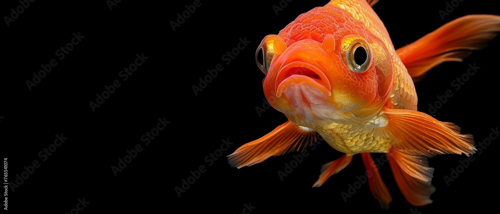 Fototapeta premium A detailed image of a goldfish against a dark backdrop, mirrored in the water below for added visual interest