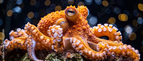  An orange octopus perches on a green rock amidst a fuzzy backdrop of illuminated highlights © Albert