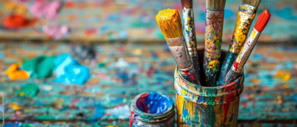 Fototapeta premium A cup brimming with paintbrushes resting on a table alongside another filled with various paintbrushes