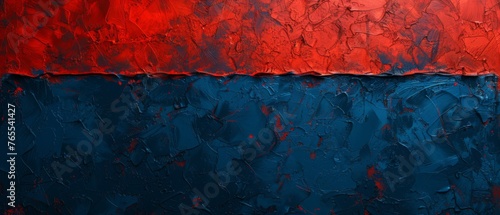  A painting featuring blue and red hues, including two red stripes - one at the top and one at the bottom photo