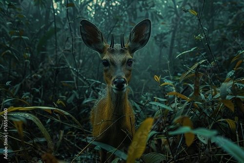 Saola in dense underbrush twilight ambiance lowangle view mysterious shadowy forest setting