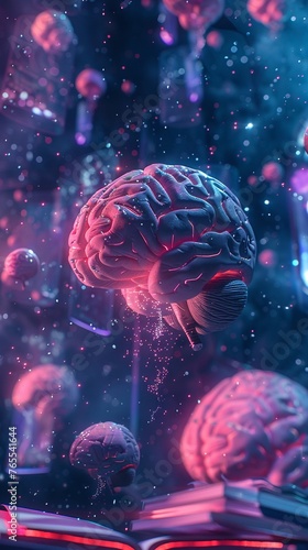 Digital brain and books floating in space, neon colors, wide angle, futuristic style