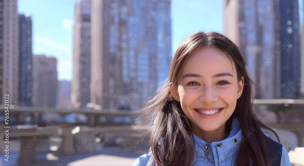 Smiling brunette woman enjoys city life, radiating happiness outdoors
