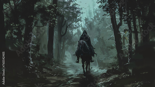 Black fantasy horseman with hood riding in dark forest © Little