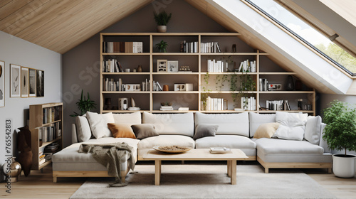 Corner sofa against shelving unit scandinavian home