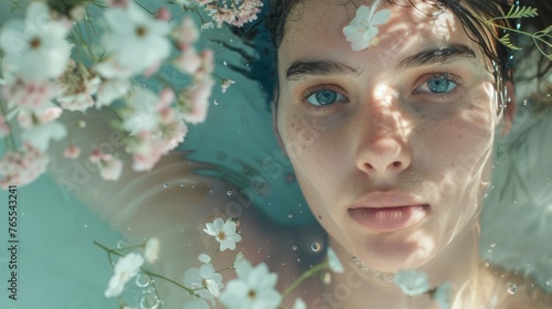 Woman face among floating blossoms in water, eyes upward