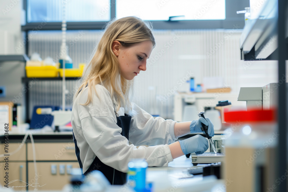 blonde long-haired woman in overalls servicing laboratory equipment located on a table.Science lab concept. blonde long-haired woman in overalls servicing laboratory equipment located on a table.Science lab concept.