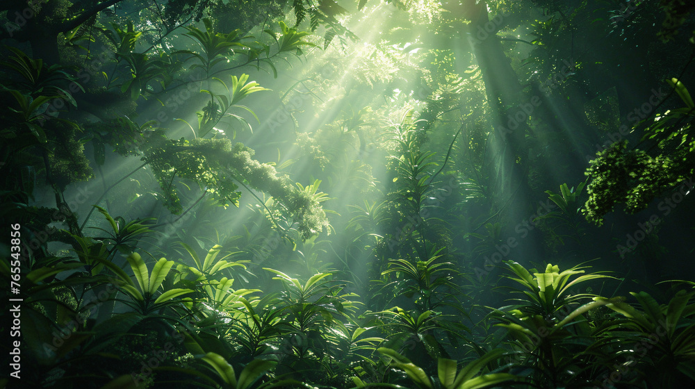 Dark rainforest sun rays through the trees rich jungle