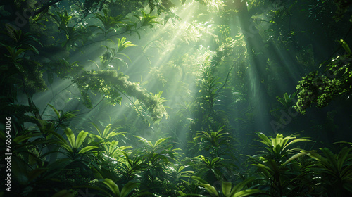 Dark rainforest sun rays through the trees rich jungle