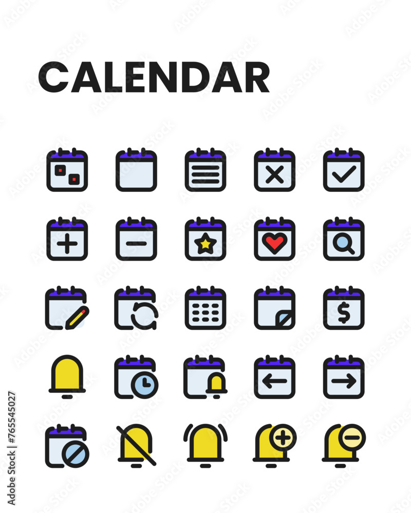Calendar icon collection in colored outline style, including notification, plan, event, organization, reminder and more. Calendar icon collection in colored outline style, including notification, plan, event, organization, reminder and more.