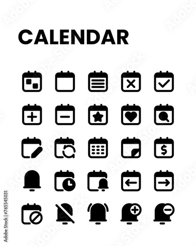 Calendar icon collection in fill style, including notification, plan, event, organization, reminder and more.