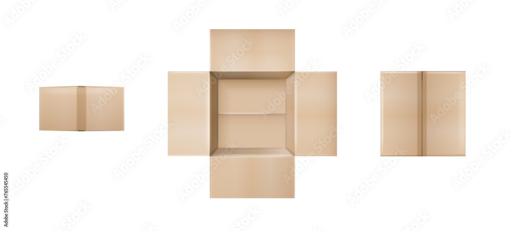 Box. Empty open and closed cardboard box. Realistic cardboard box mockup set from side, front and top view open and closed isolated on white background. Parcel packaging template. Vector Box. Empty open and closed cardboard box. Realistic cardboard box mockup set from side, front and top view open and closed isolated on white background. Parcel packaging template. Vector