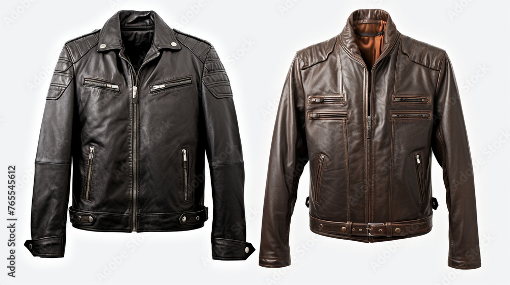Naklejka premium shots of leather jackets for website display, capturing both front and back views against a white background сreated with Generative Ai
