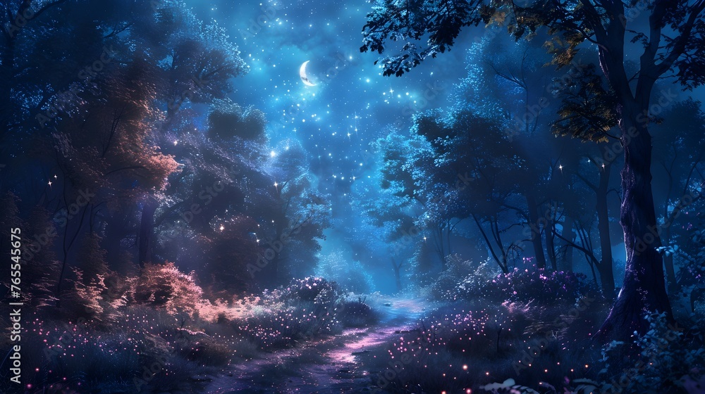 Enchanting Moonlit Pathway Through Mystical Woodland Landscape with Celestial Ambiance