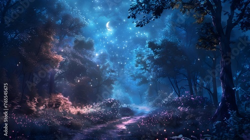 Enchanting Moonlit Pathway Through Mystical Woodland Landscape with Celestial Ambiance